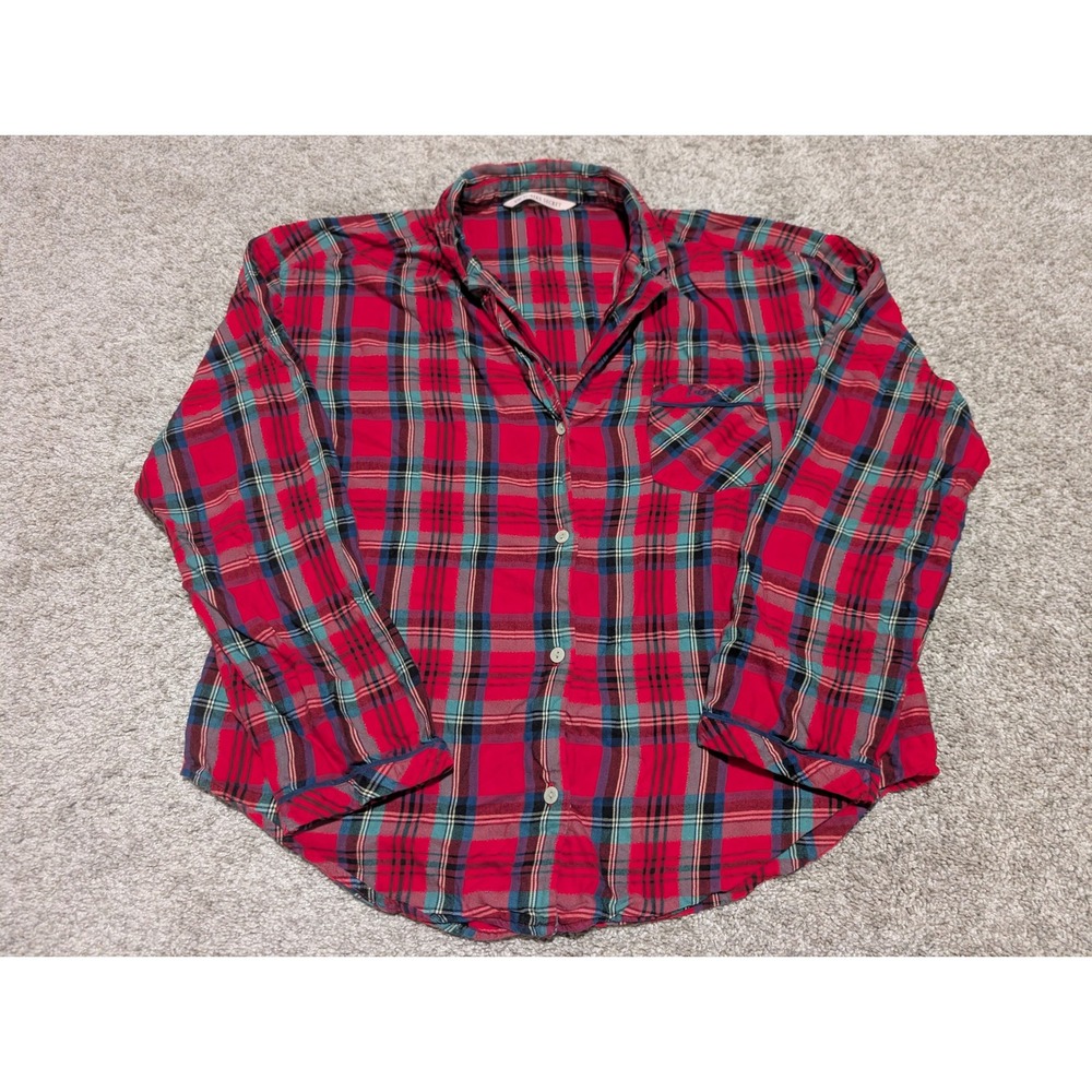 Victoria's Secret Pajama Top Women L Red Plaid Button Down Dream Embroidery Cozy